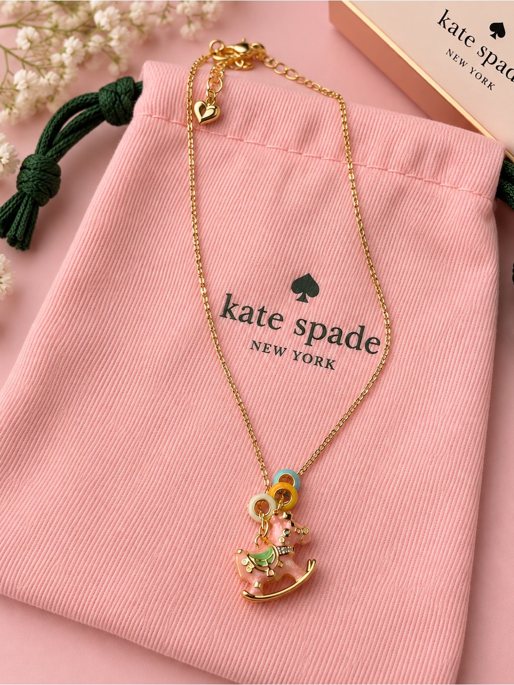 kate spade Gold Necklace with Pink and Green Rocking Horse Charms